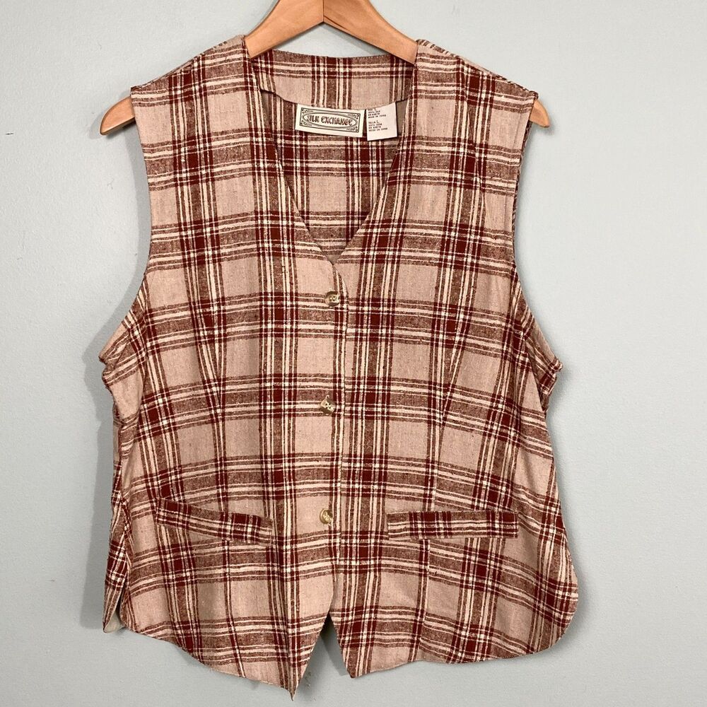 Silk Exchange Plaid Vest Womens Large Tan Red Textured Silk Button Up Country